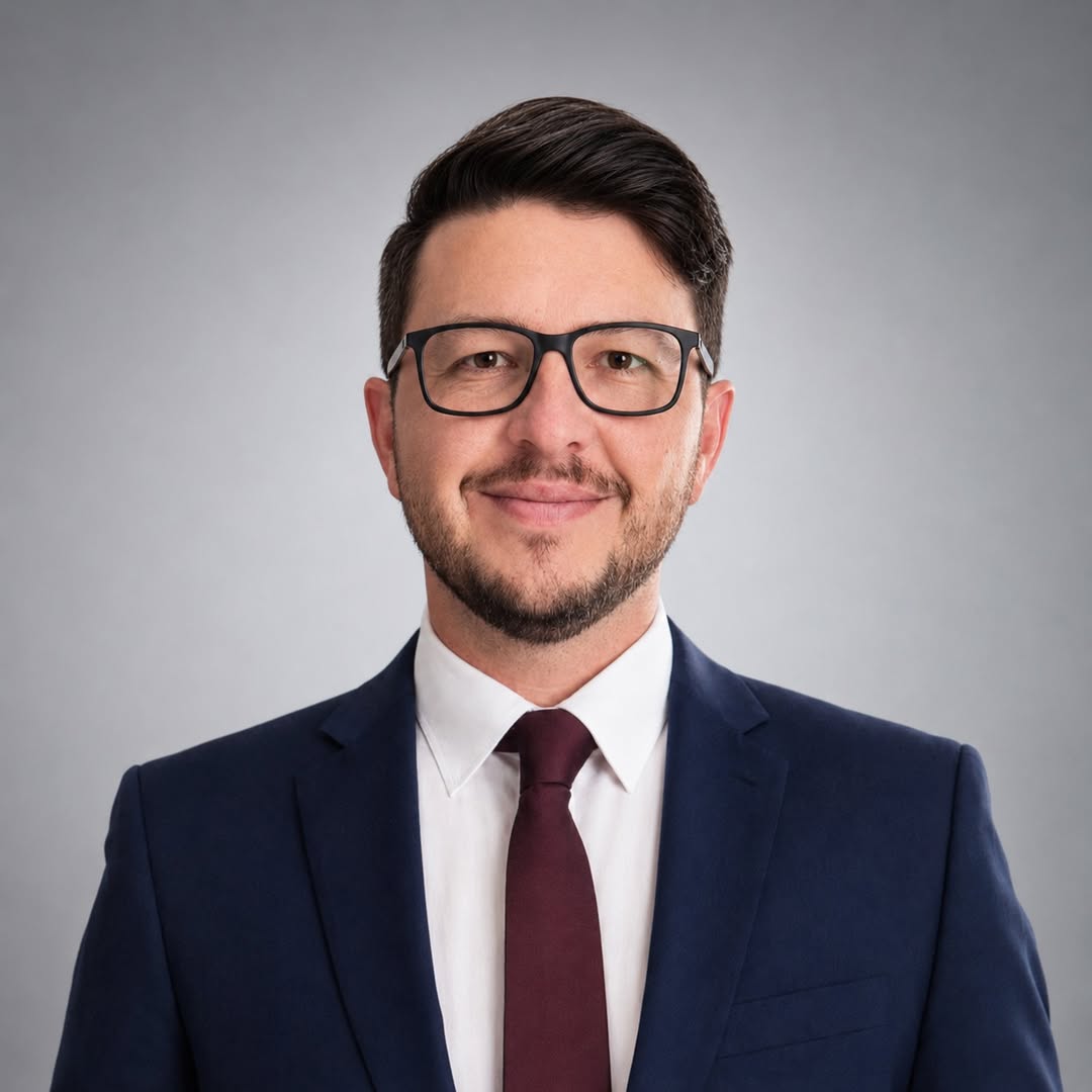 Joshua Martin in a navy suit and burgundy tie